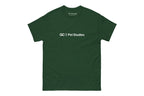 Green t-shirt with 'QC Pet Studies' text on a white background