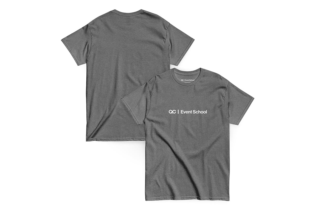 Grey blue t-shirt with 'QC Event School' text on a white background