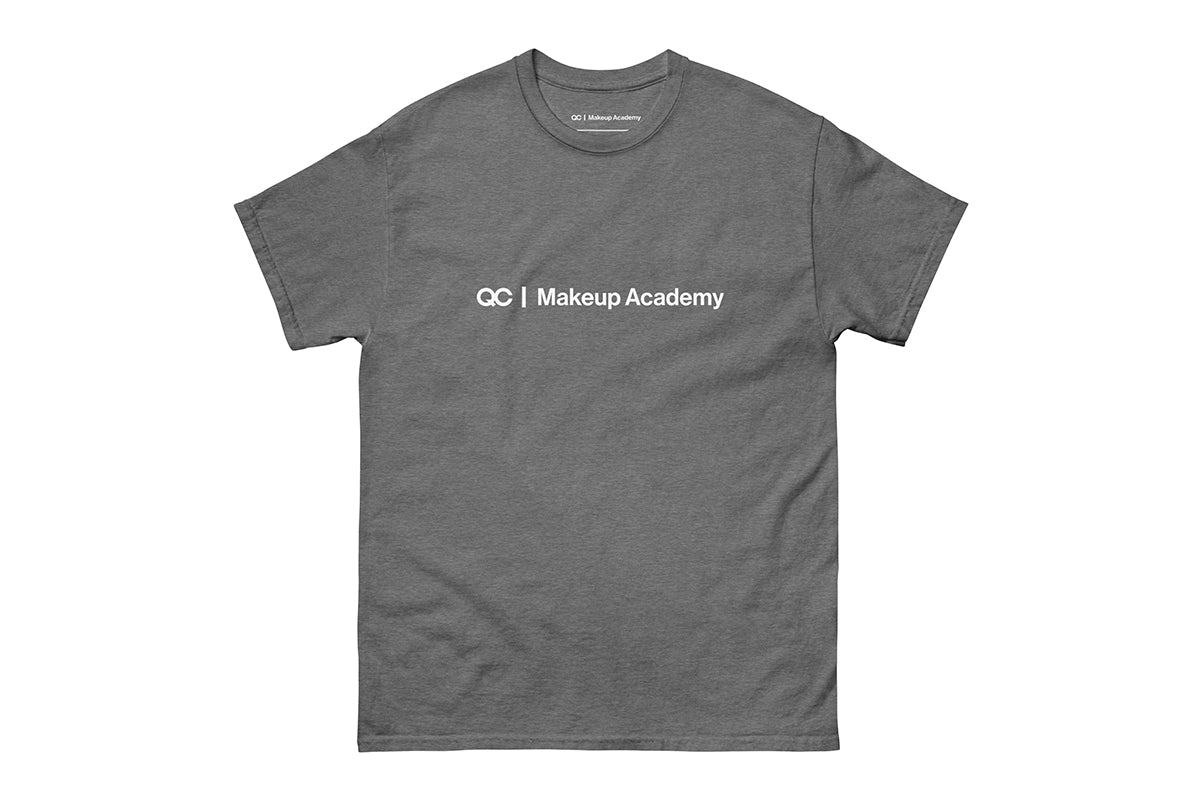Gray t-shirt with 'QC Makeup Academy' text on a white background