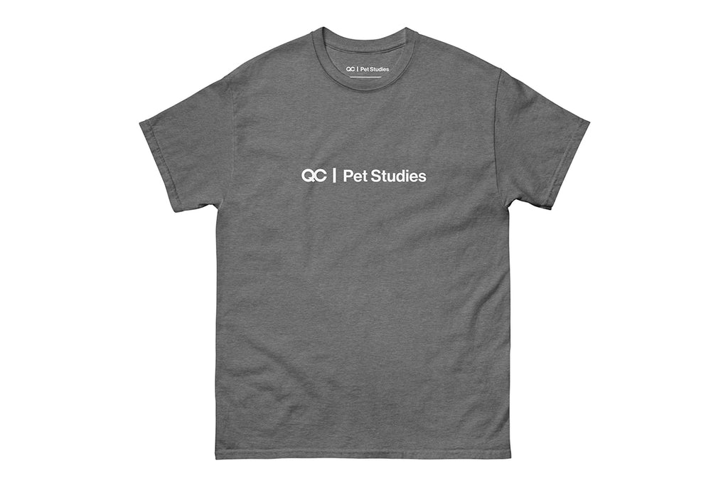 Gray t-shirt with 'QC Pet Studies' text on a white background
