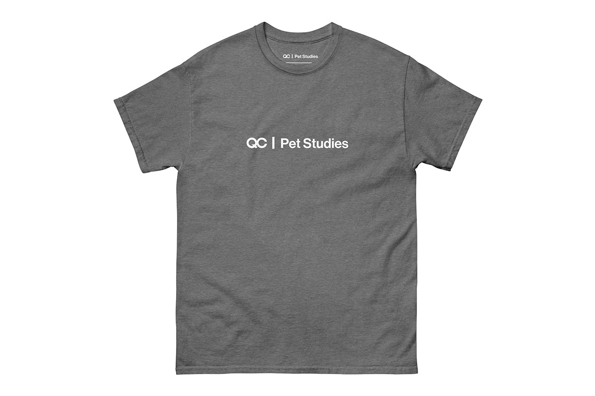 Gray t-shirt with 'QC Pet Studies' text on a white background