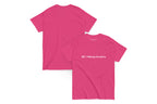 Front and back of a pink t shirt. The front reads "QC Makeup Academy"
