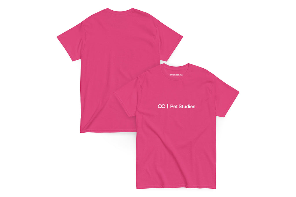Pink t-shirt with 'QC Pet Studies' logo on a white background