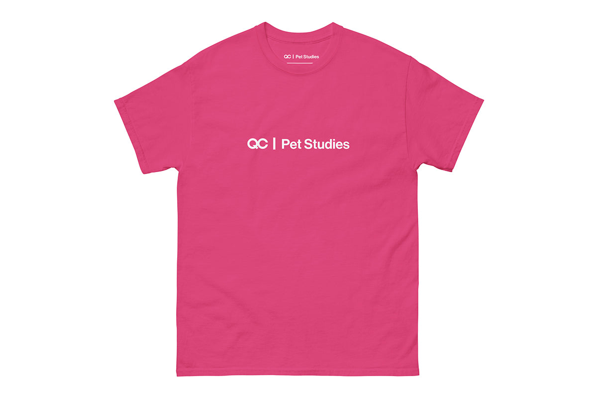 Pink t-shirt with 'QC Pet Studies' text on a white background