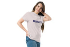 Woman wearing a t-shirt with 'MUA in training' text on a white background