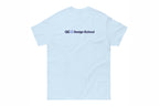 Light blue t-shirt back with a logo on the chest against a white background