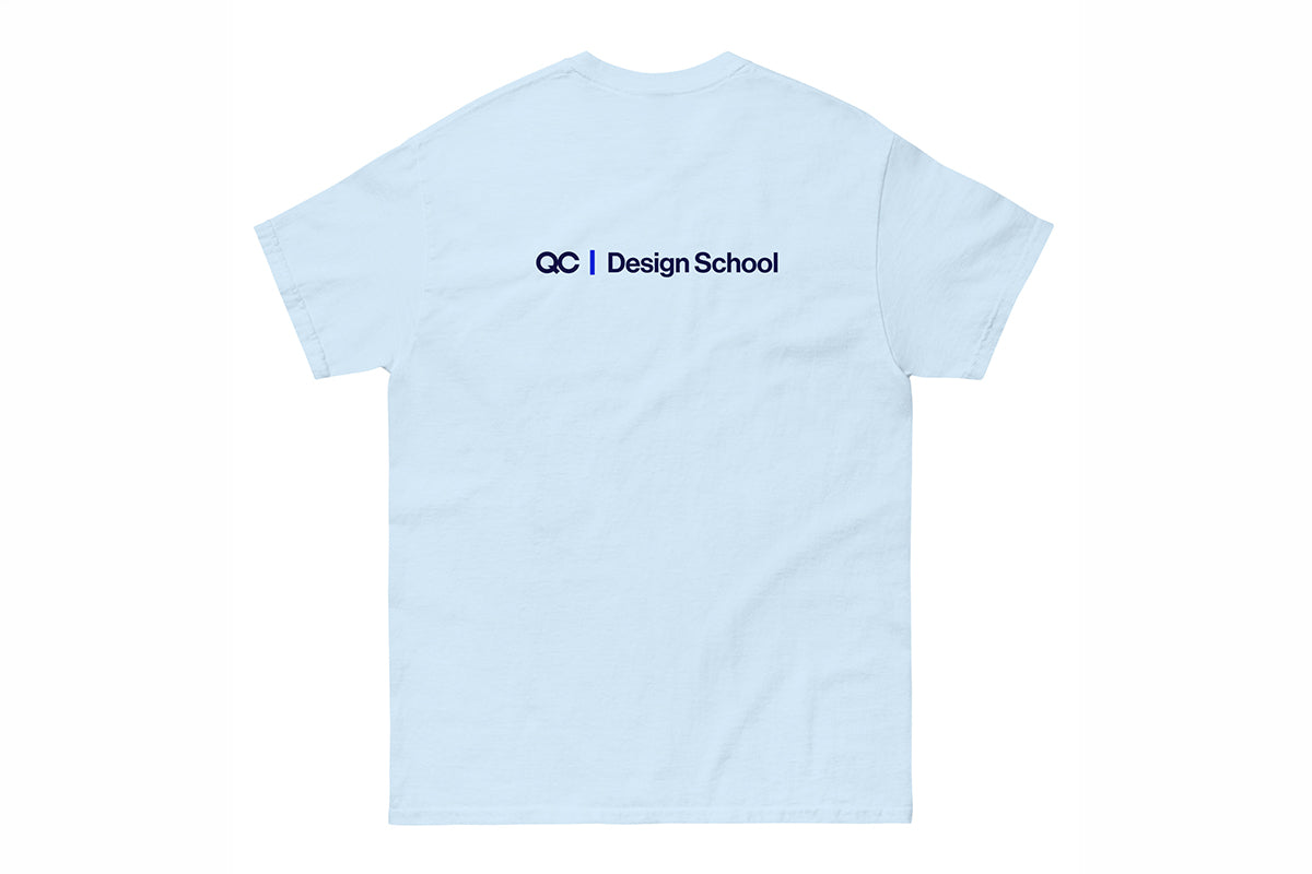 Light blue t-shirt back with a logo on the chest against a white background