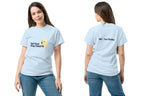Person wearing a blue t-shirt with text and a QC Pet Studies logo, showing front and back views.