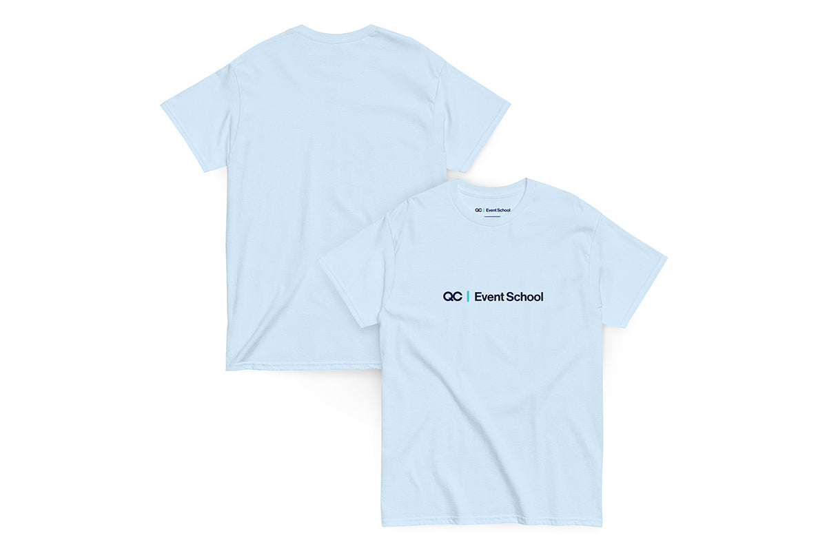 Light blue t-shirt with 'QC Event School' logo on a white background