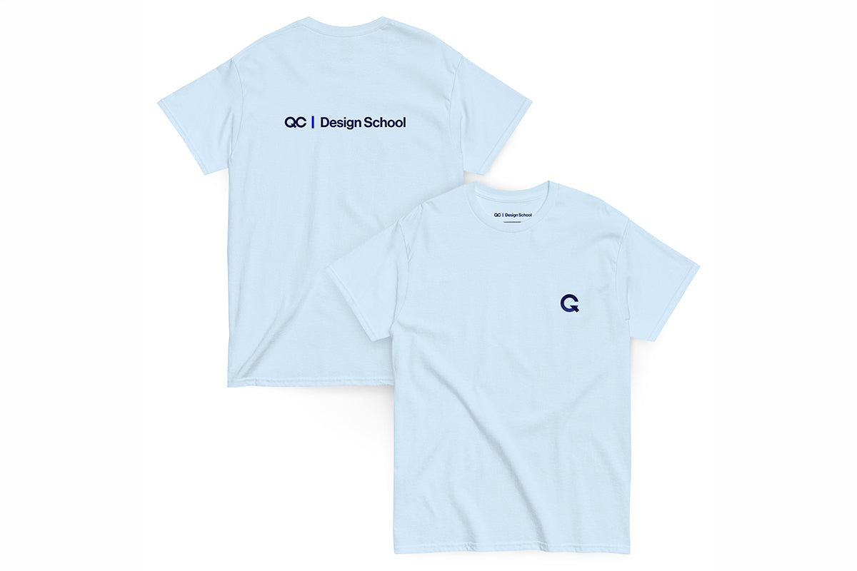 Two light blue shirts, front and back with QC Design School logos on a white background