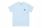 Light blue t-shirt with a small Q logo on a white background