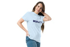 Woman wearing a light blue t-shirt with 'MUA in training' text on a white background