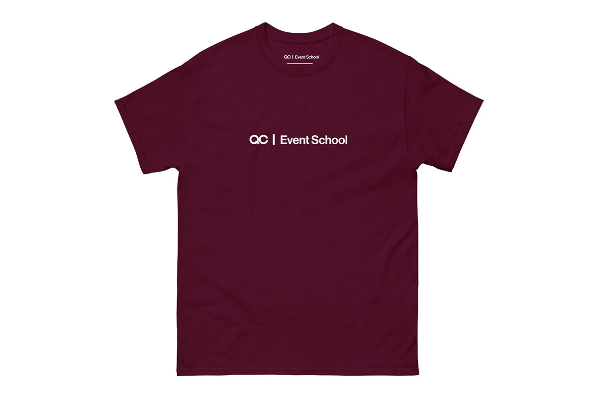 Maroon t-shirt with 'QC Event School' text on a white background