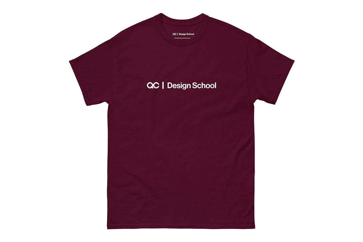 Maroon t-shirt that reads "QC Design School"