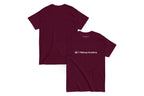 Front and back of a maroon t shirt. The front reads "QC Makeup Academy"