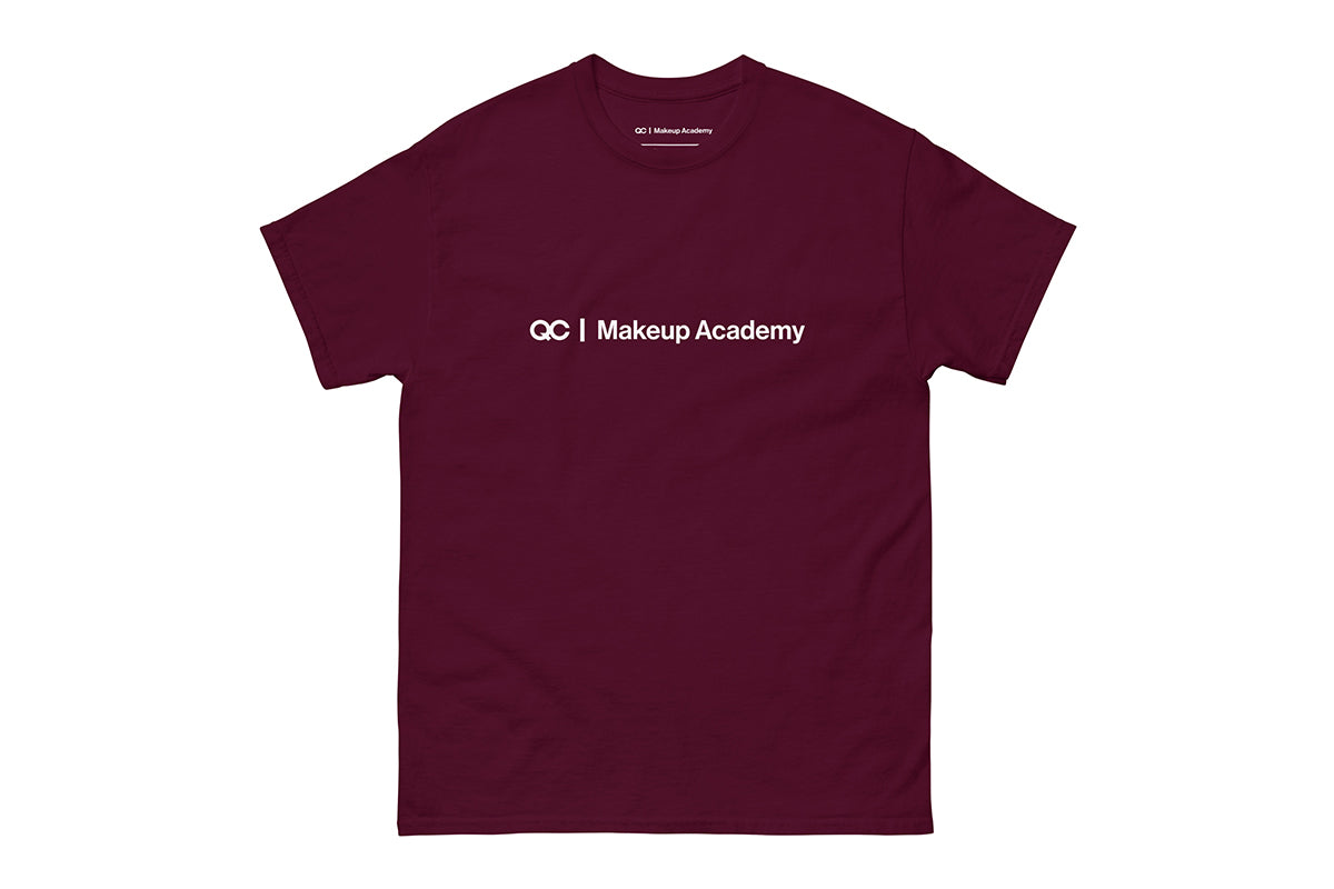 Maroon t-shirt with 'QC Makeup Academy' text on a white background