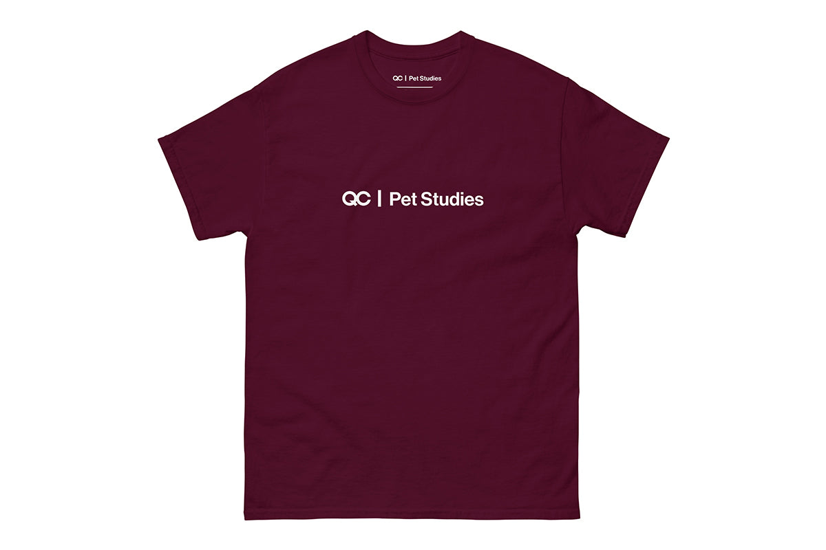 Maroon t-shirt with 'QC Pet Studies' text on a white background