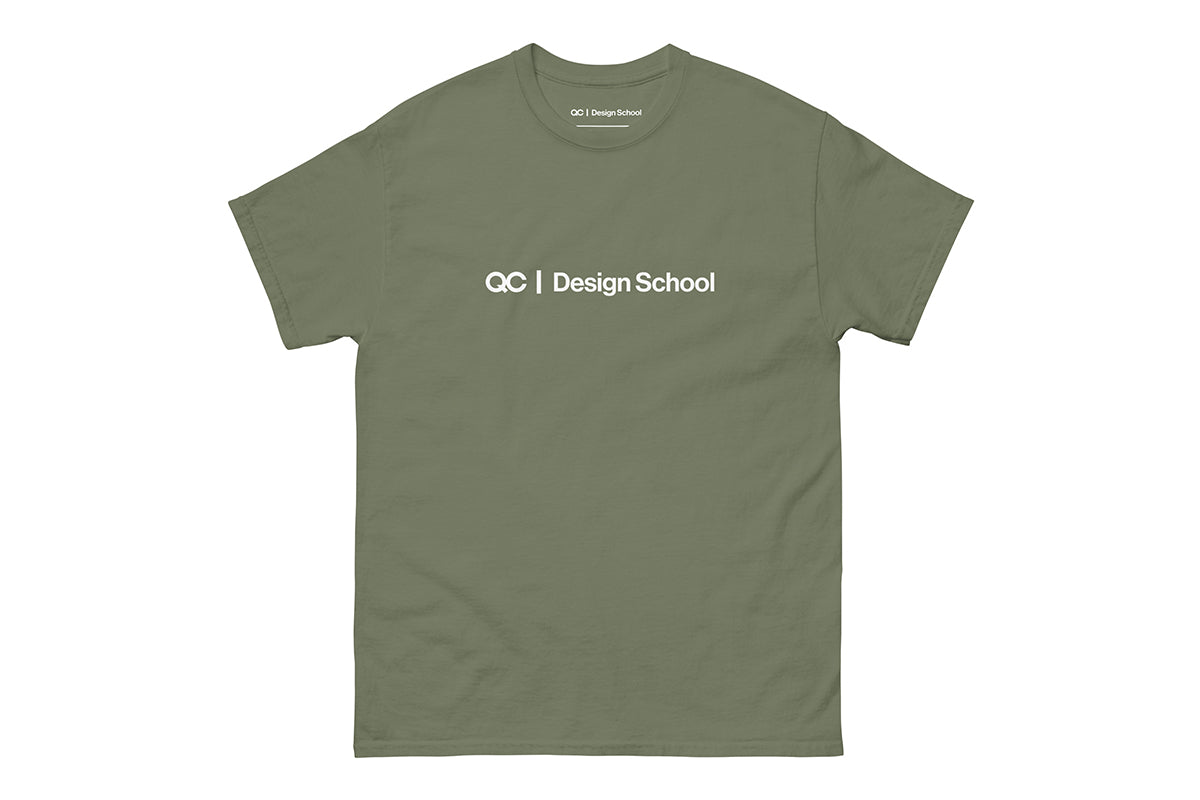 Olive Green t-shirt with 'QC Design School' logo on a white background