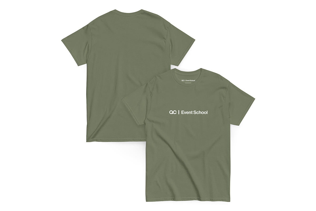 Green t-shirt with 'QC Event School' logo on a white background