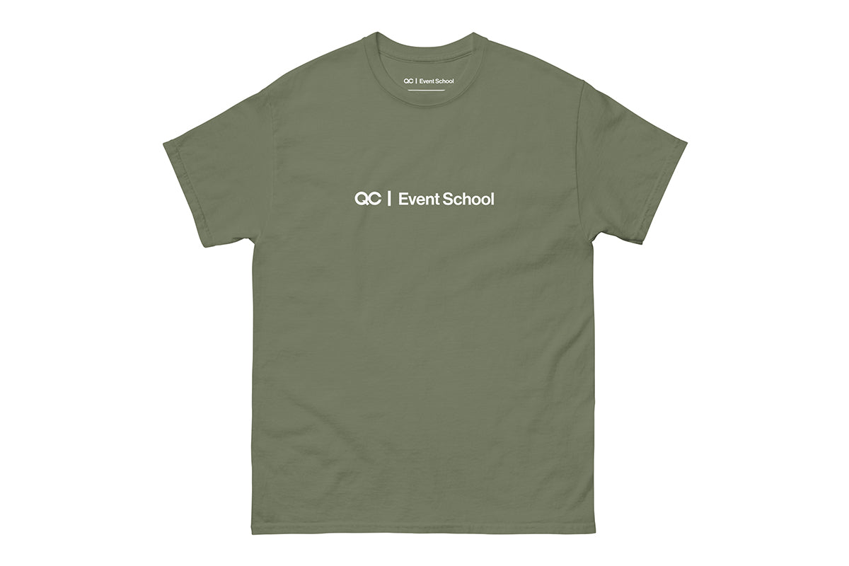 Gray green t-shirt with 'QC Event School' text on a white background