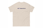 Beige t-shirt with a QC Design School logo on the back against a white background