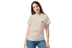 Woman wearing a beige t-shirt with a Q logo on a white background