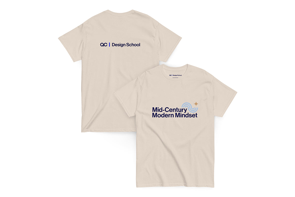 Beige t-shirt front and back with text "Mid-Century Modern Mindset" on a white background
