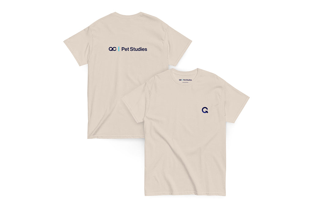 Beige t-shirt with 'QC Pet Studies' logo on the back, Q on the front