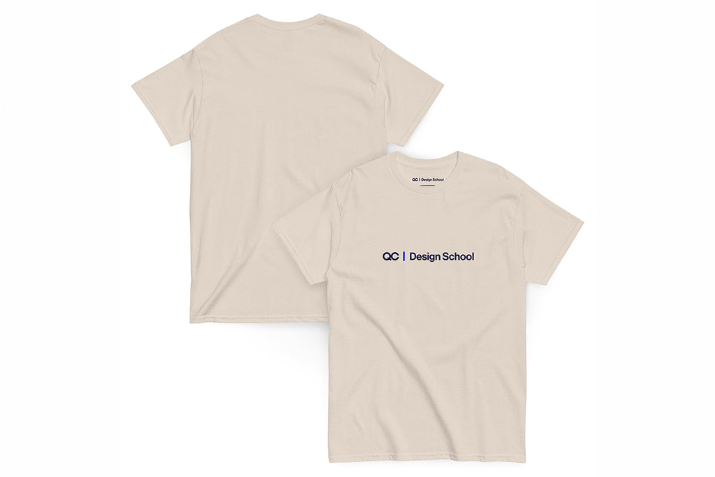 Beige t-shirt with QC Design School on the front and back on a white background