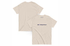 Beige t-shirt with QC Design School on the front and back on a white background
