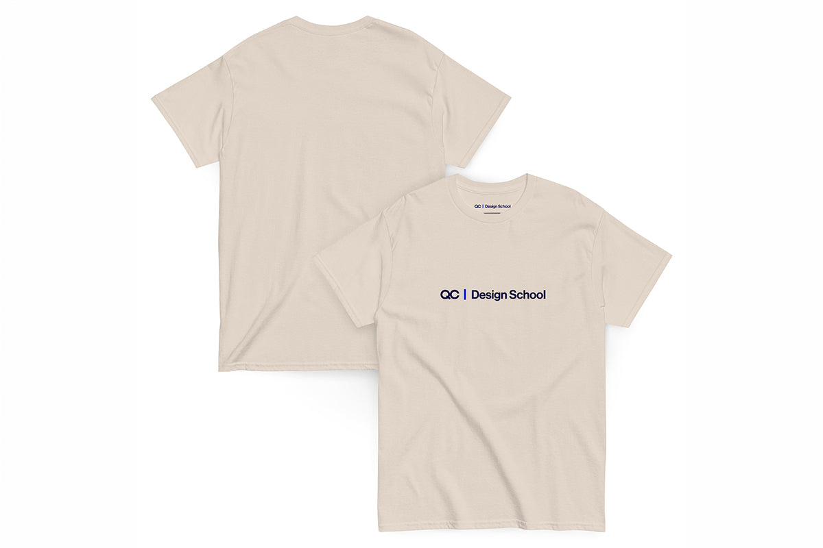 Beige t-shirt with QC Design School on the front and back on a white background