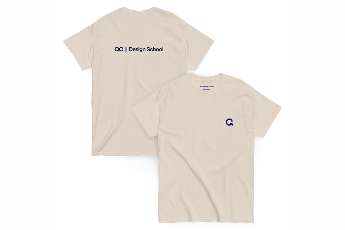 Two beige shirts, front and back with QC Design School logos on a white background