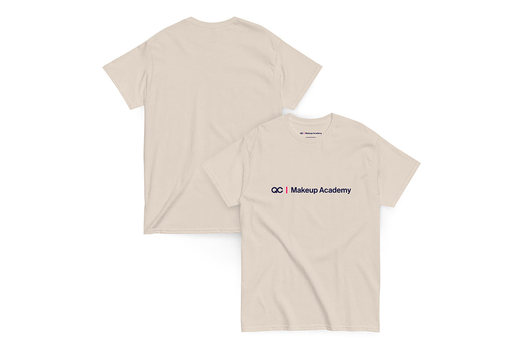 Back and front of Beige t-shirt with 'QC Makeup Academy' logo on a white background