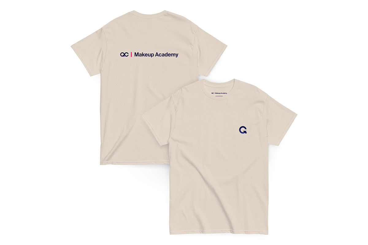 Back and front of beige t shirt. Back reads "QC Makeup Academy", front features Q logo.