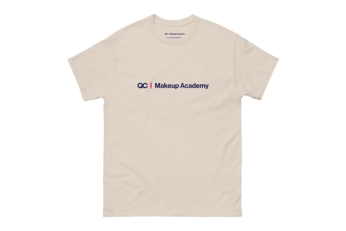 Beige t-shirt with 'QC Makeup Academy' text on a white background