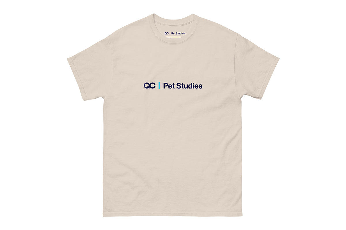 Beige t-shirt with 'QC Pet Studies' logo on a white background