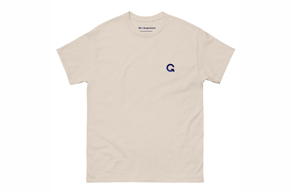 Beige t-shirt with a small Q logo on a white background