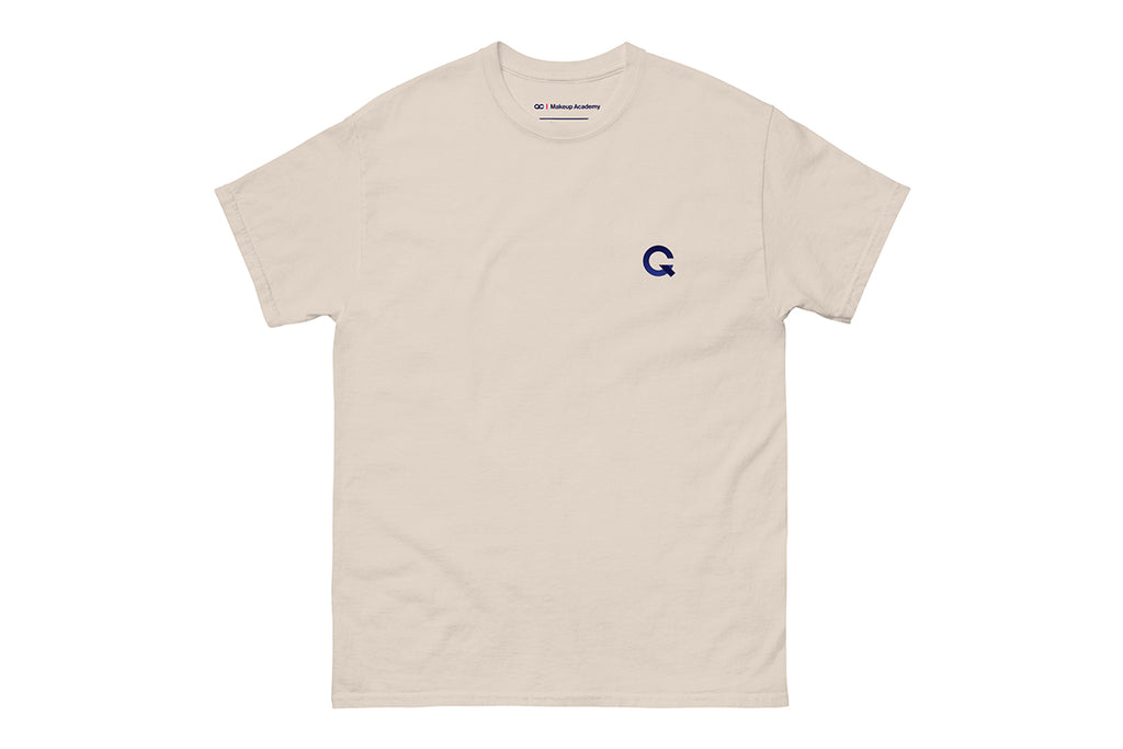 Beige t-shirt with a small Q logo on a white background