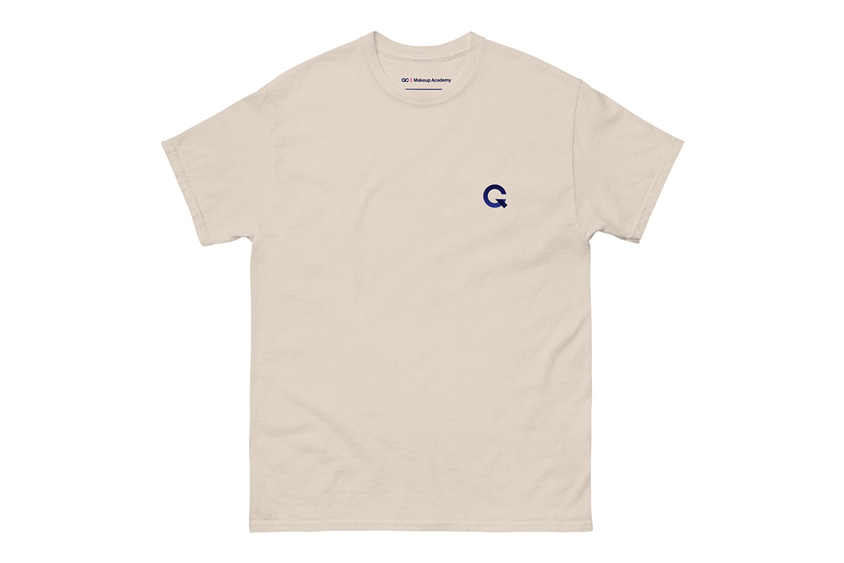 Beige t-shirt with a small Q logo on a white background