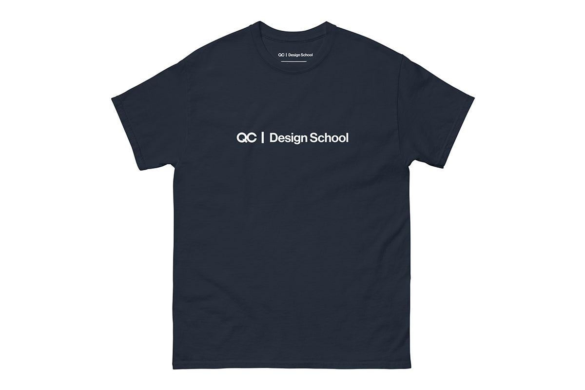 Navy t-shirt that reads "QC Design School"