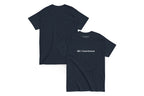 Navy blue t-shirt with 'QC Event School' text on a white background