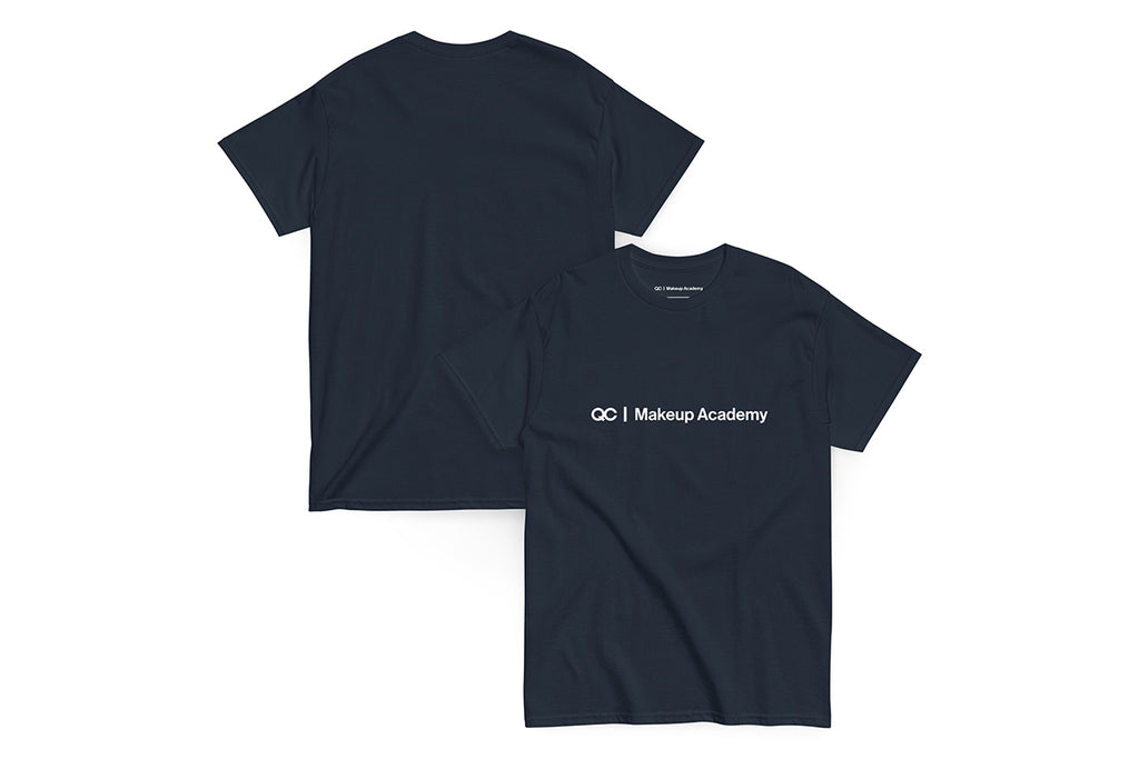 Front and back of a navy t shirt. The front reads "QC Makeup Academy"