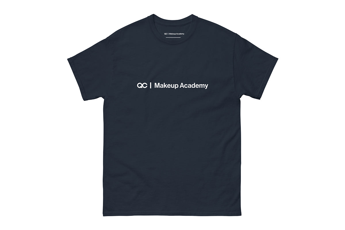 Navy t-shirt with 'QC Makeup Academy' text on a white background