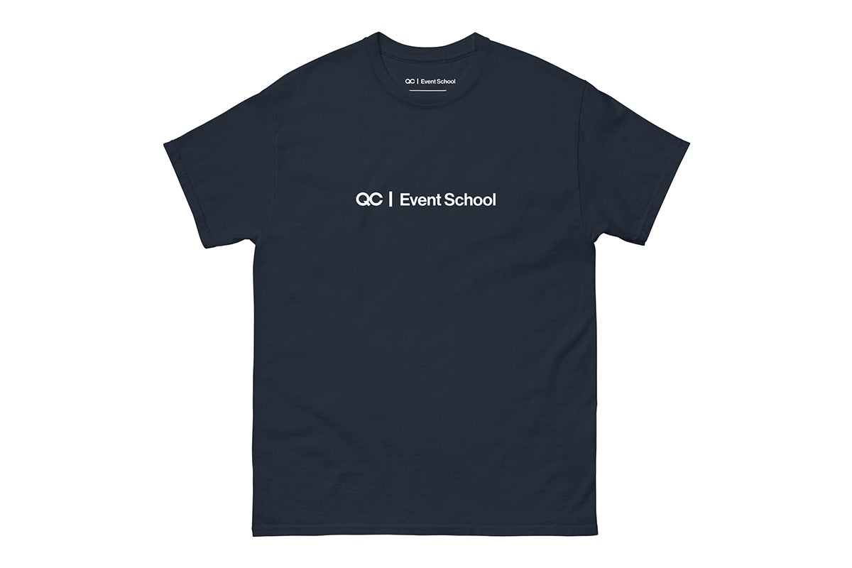 Navy t-shirt that reads "QC Event School"