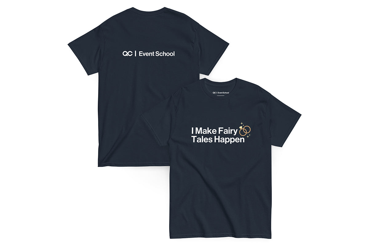 Brown t-shirt with text 'I Make Fairy Tales Happen' on a white background. Back of t-shirt reads "QC Event School".