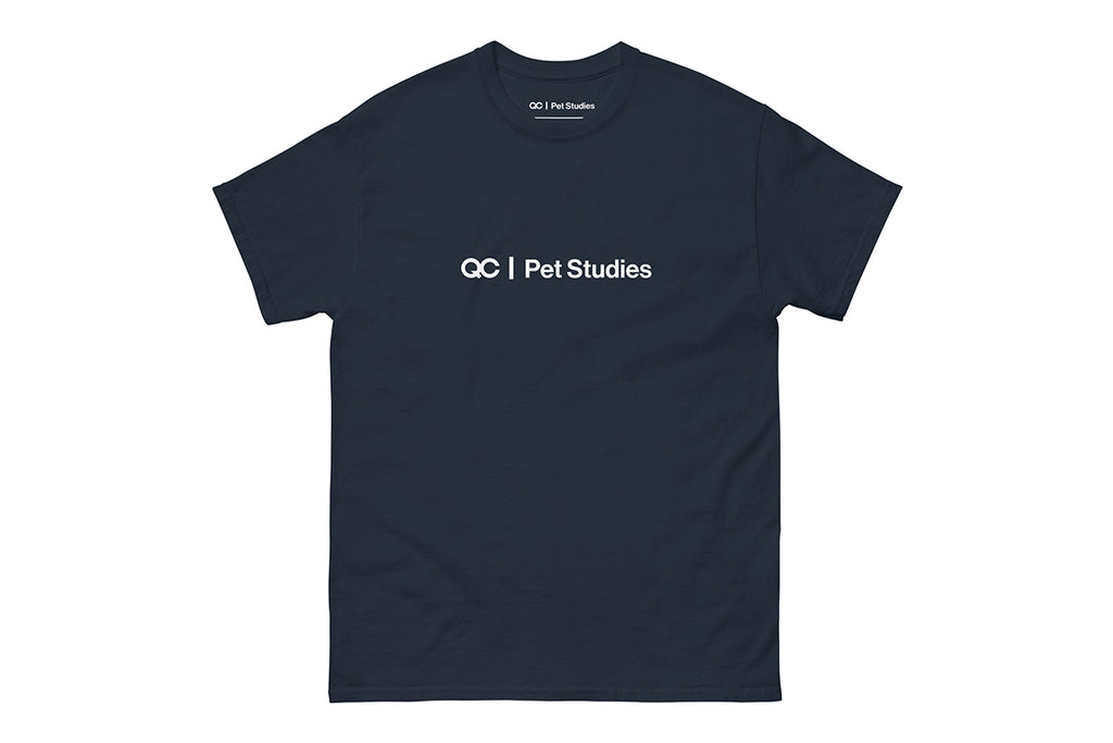 Navy t-shirt with 'QC Pet Studies' text on a white background