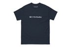 Navy t-shirt with 'QC Pet Studies' text on a white background