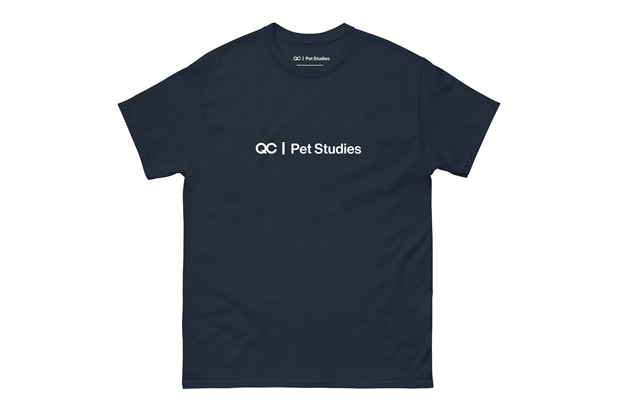 Navy t-shirt with 'QC Pet Studies' text on a white background