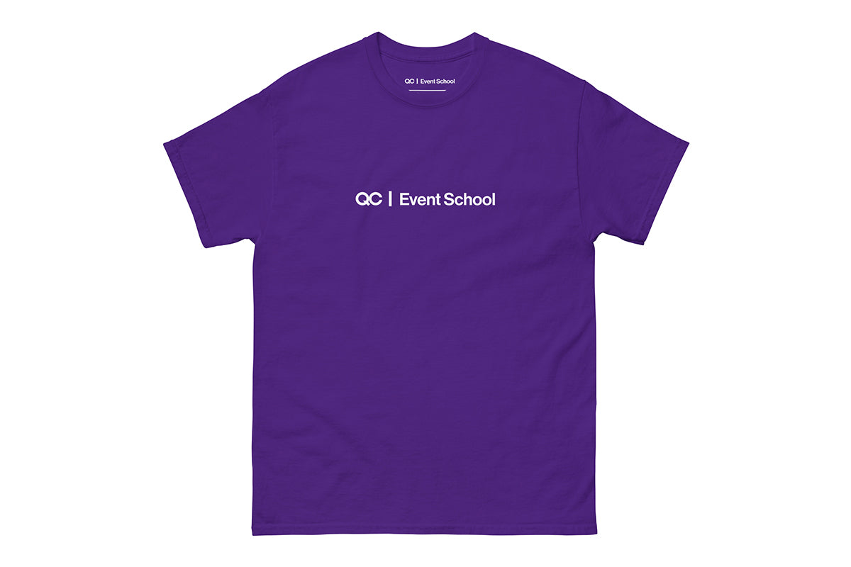 Purple t-shirt with 'QC Event School' text on a white background