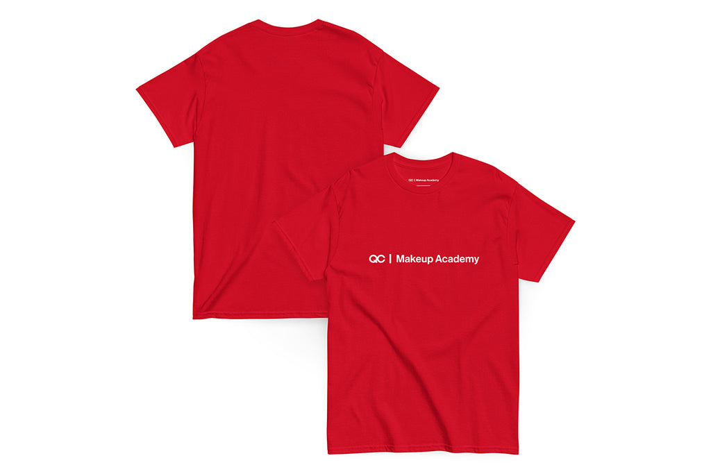 Front and back of a red t shirt. The front reads "QC Makeup Academy"